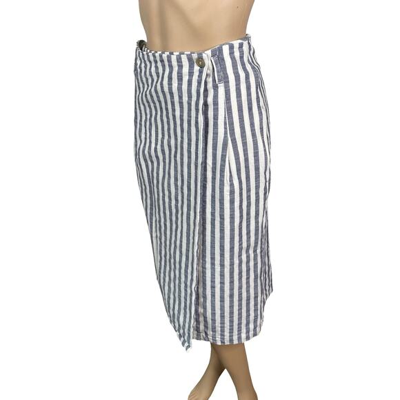 By Anthropologie White Navy Blue Striped Wrap Pencil Midi Skirt SZ 4 - Picture 5 of 10